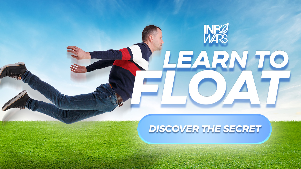 an InfoWars parody ad advertising the secret of floating, showing a man floating in the air above the Windows XP Bliss wallpaper or something