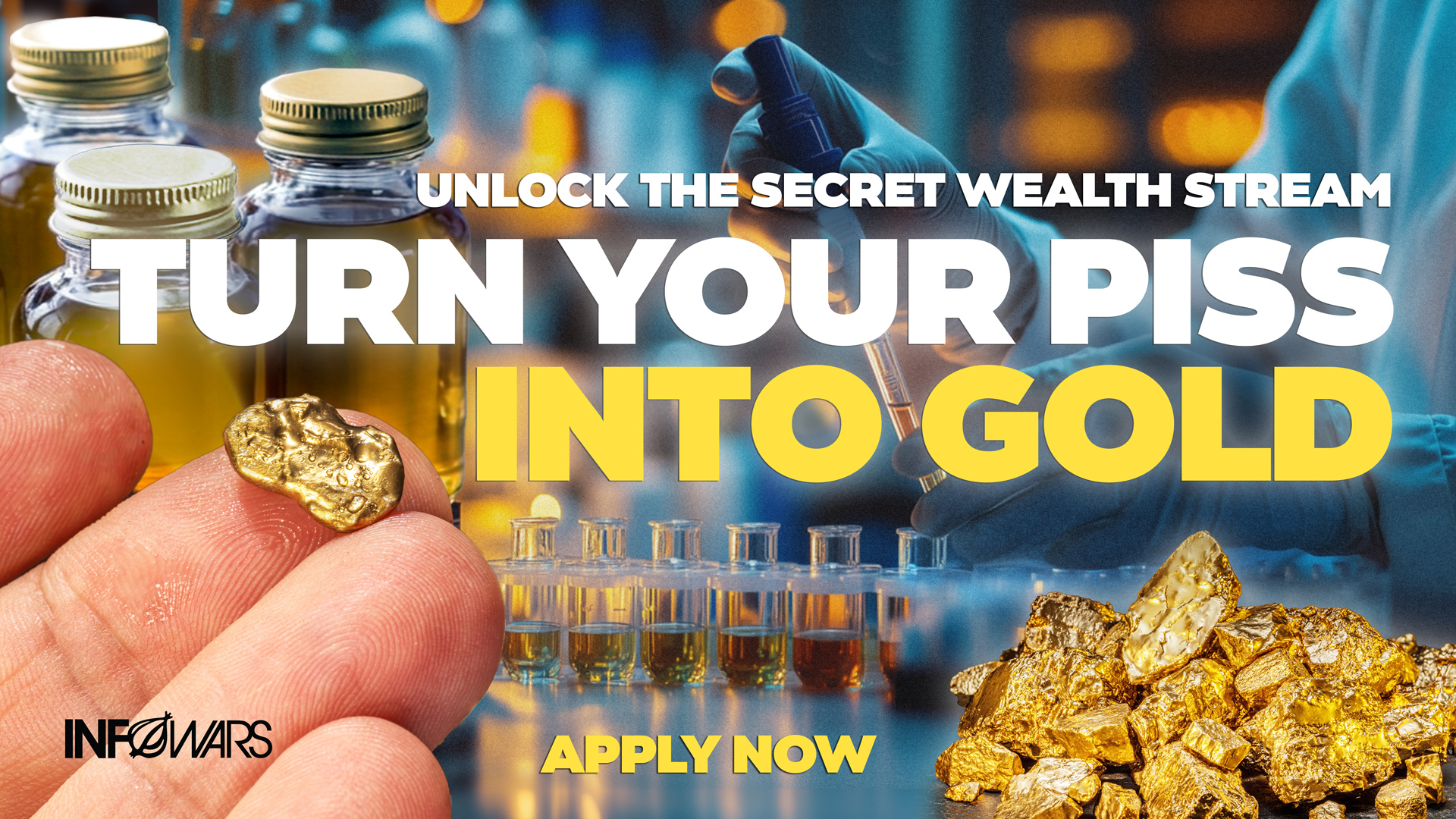Turn your piss into gold. Scientists have unlocked a secret that has been hidden for centuries. Stop pissing away your wealth! Sign up today for a free Appraisal Jug to see if your urine can be turned into pure American Gold! Urine must be at least one week old. Only male urine will be accepted.